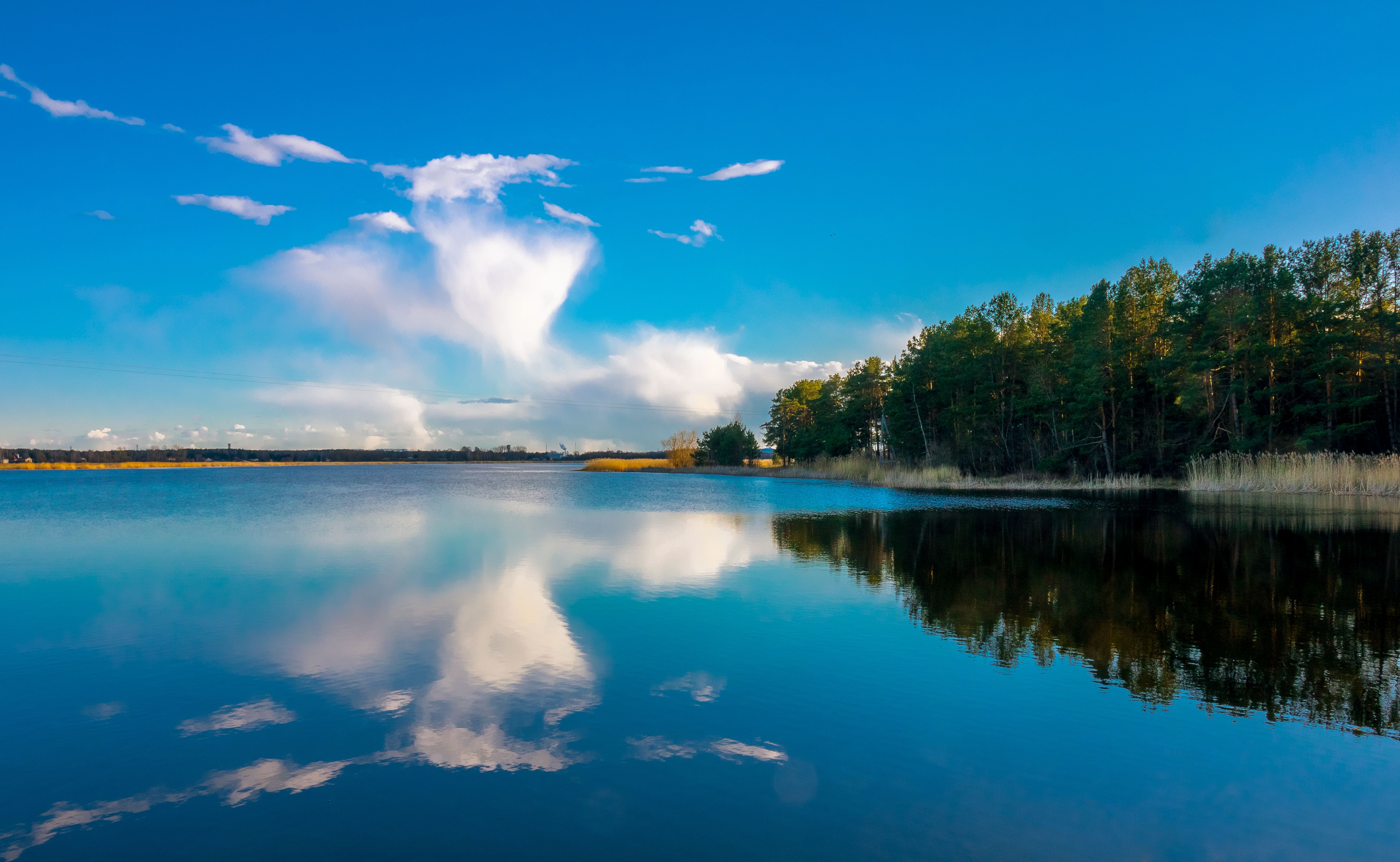 Calm blue lake under summer sky